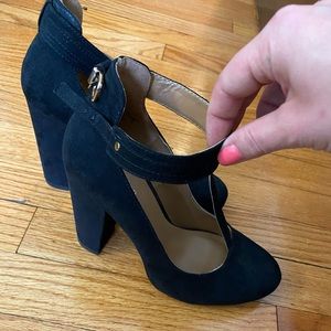 Black Suede T-Strap Heels